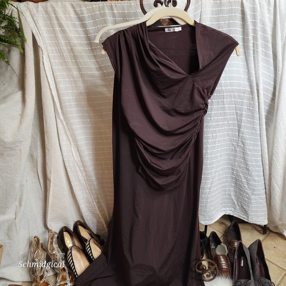 Zara‎ Womens 2 Piece Set Draped Top and Maxi Skirt Chocolate Brown Size S